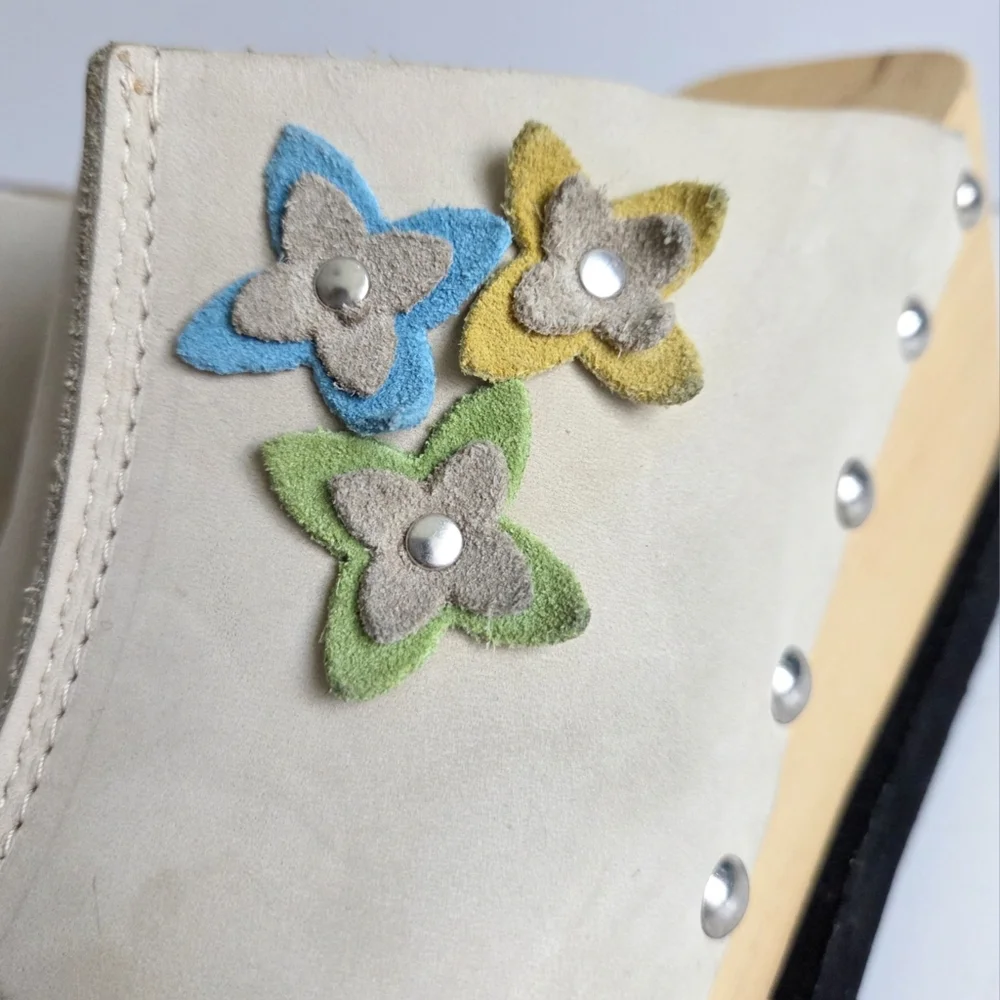 Thick Wood Platforms With Flower, Soft Floppy Leather Uppers & Silver Studs 7.5